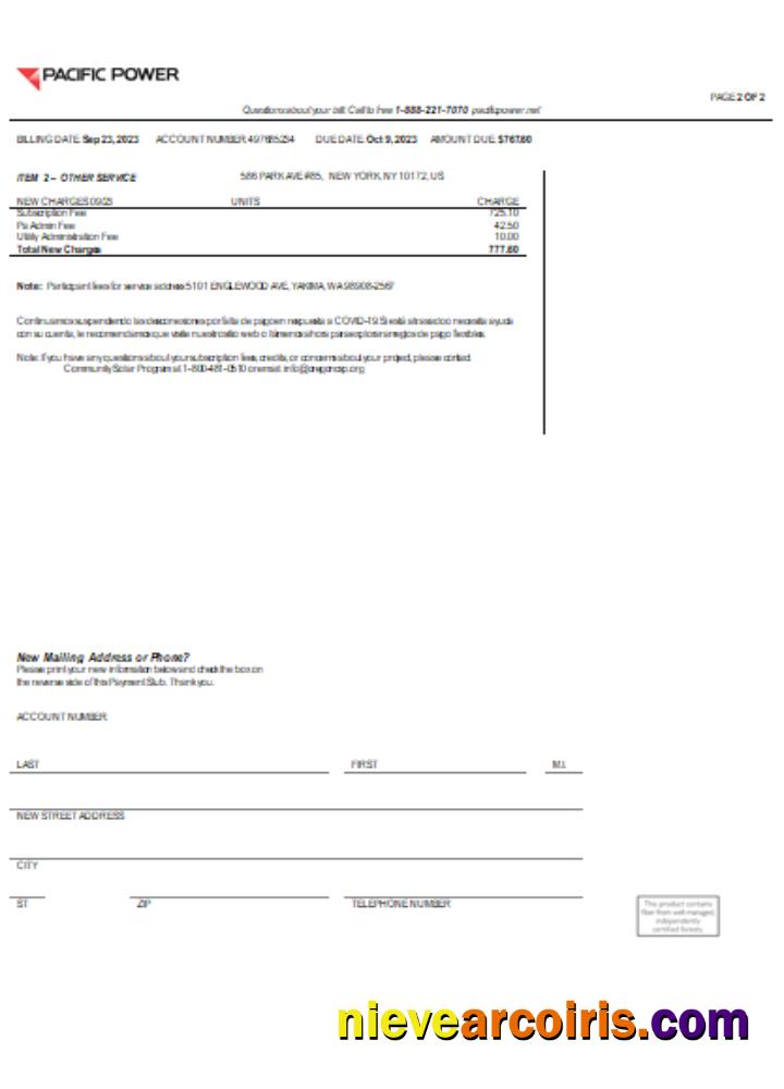 Pacific Power utility business bill, page 2